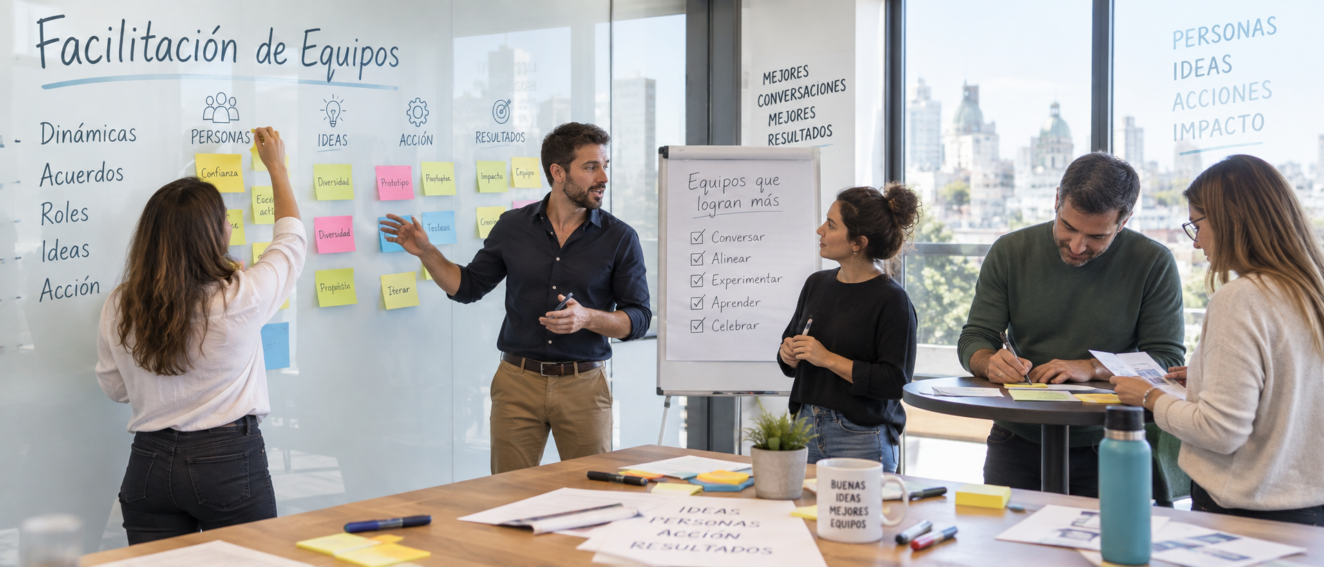 Equipo participando de una instancia de facilitación y trabajo colaborativo